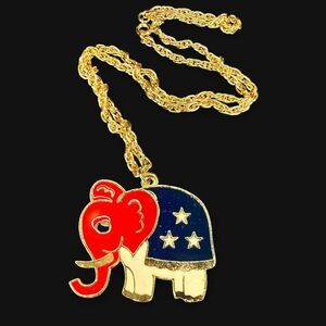 Vintage ‘80s Rafaelian Signed Republican Elephant Enamel Pendant Necklace